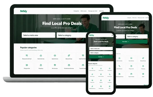 Nrbly website on a laptop, tablet and phone